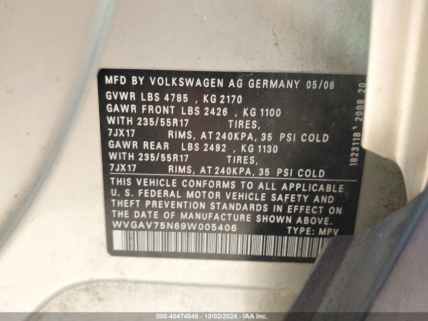 WVGAV75N69W005406 2009 Volkswagen Tiguan S/Se/Sel