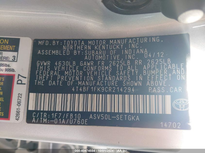 4T4BF1FK9CR214294 2012 Toyota Camry Xle