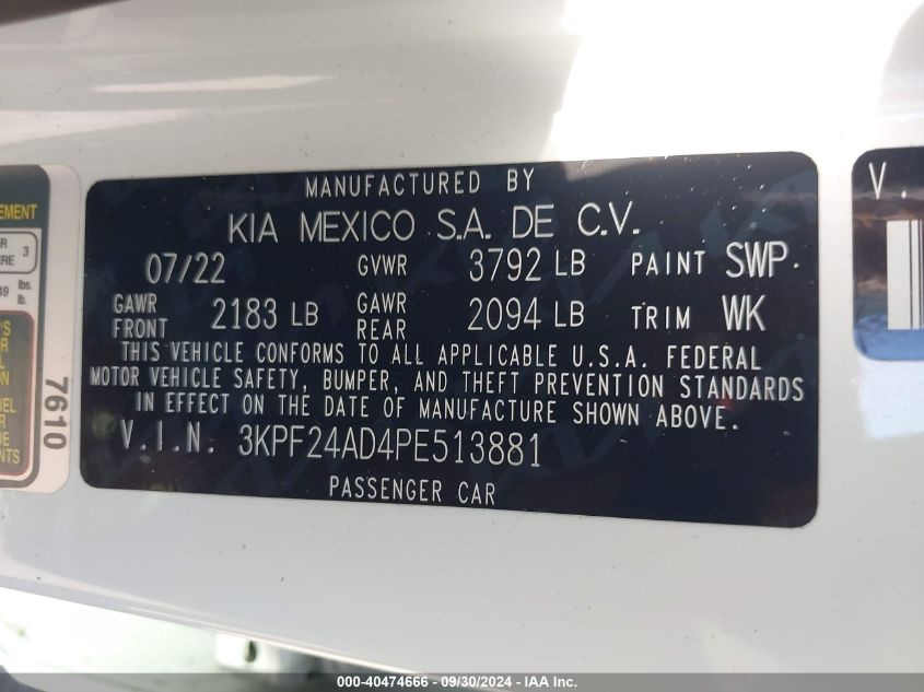 2023 Kia Forte Lxs VIN: 3KPF24AD4PE513881 Lot: 40474666