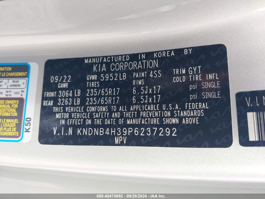 KNDNB4H39P6237292 2023 Kia Carnival Mpv Lx Seat Package