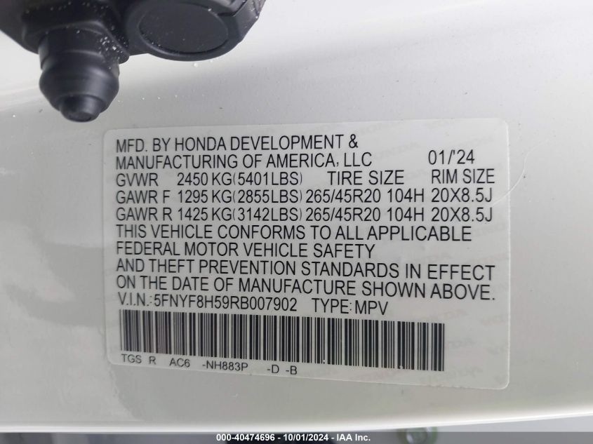 2024 Honda Passport Awd Ex-L VIN: 5FNYF8H59RB007902 Lot: 40474696