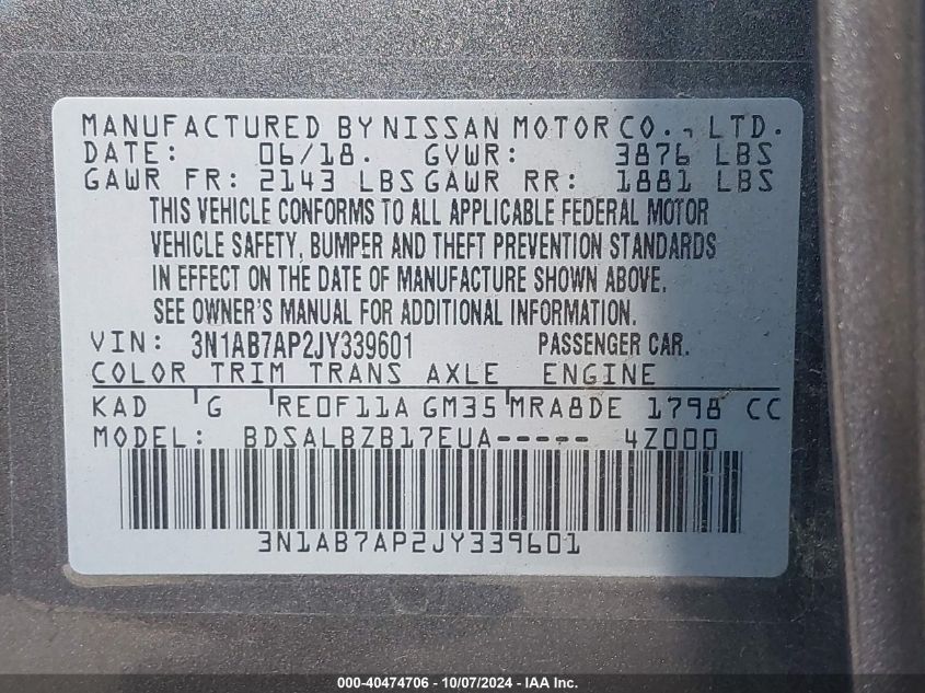 3N1AB7AP2JY339601 2018 Nissan Sentra S