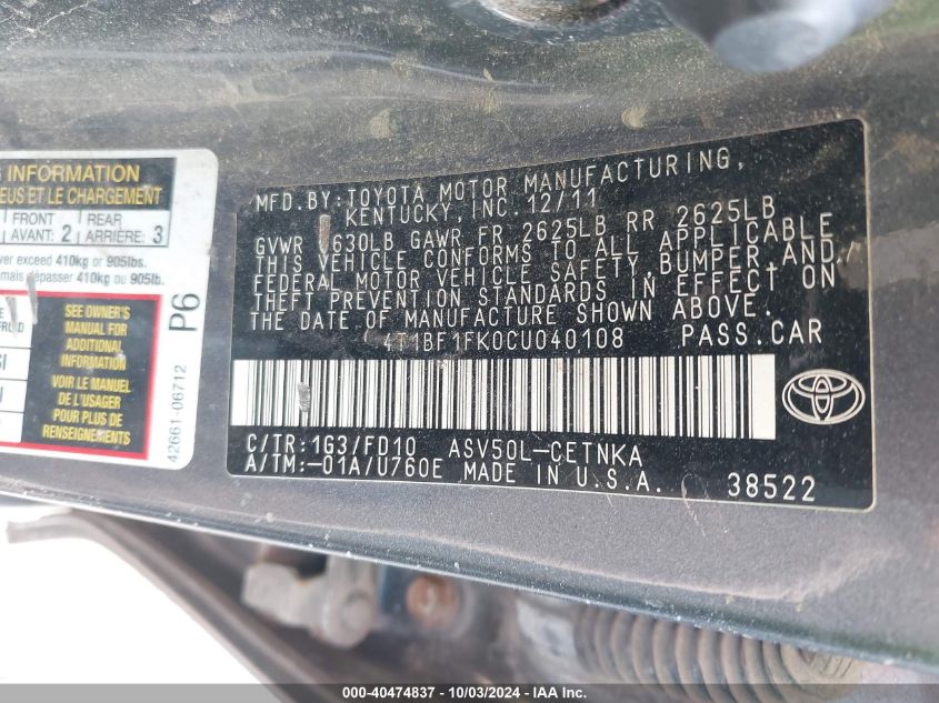 4T1BF1FK0CU040108 2012 Toyota Camry Le