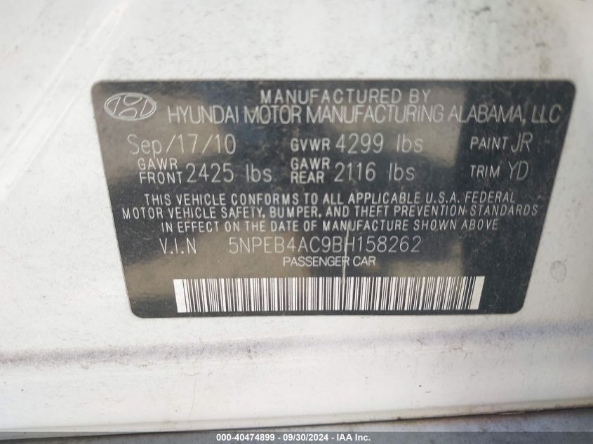 5NPEB4AC9BH158262 2011 Hyundai Sonata Gls