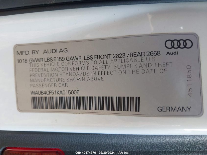 WAUB4CF51KA015005 2019 Audi S5 3.0T Premium