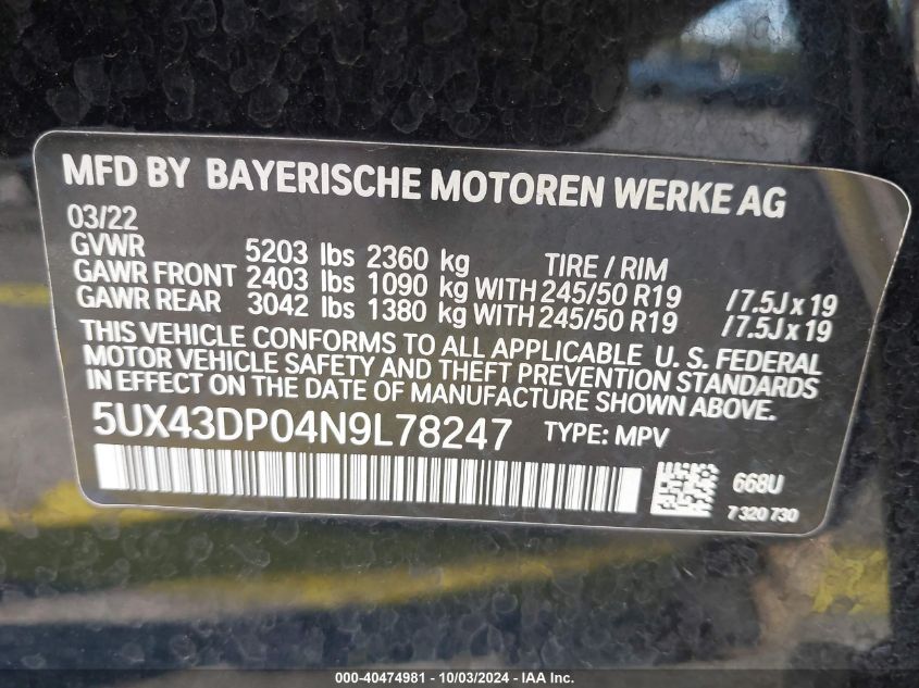 2022 BMW X3 Sdrive30I VIN: 5UX43DP04N9L78247 Lot: 40474981