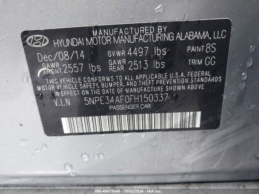 5NPE34AF0FH150337 2015 Hyundai Sonata Sport