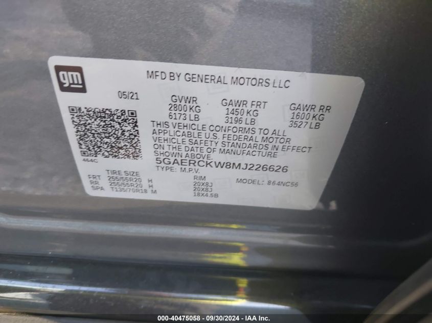 2021 Buick Enclave Fwd Premium VIN: 5GAERCKW8MJ226626 Lot: 40475058