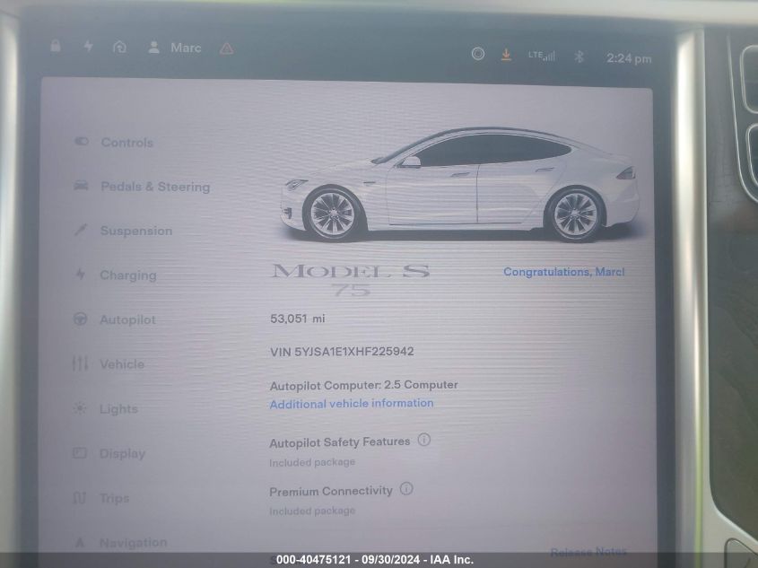 5YJSA1E1XHF225942 2017 Tesla Model S 60/75