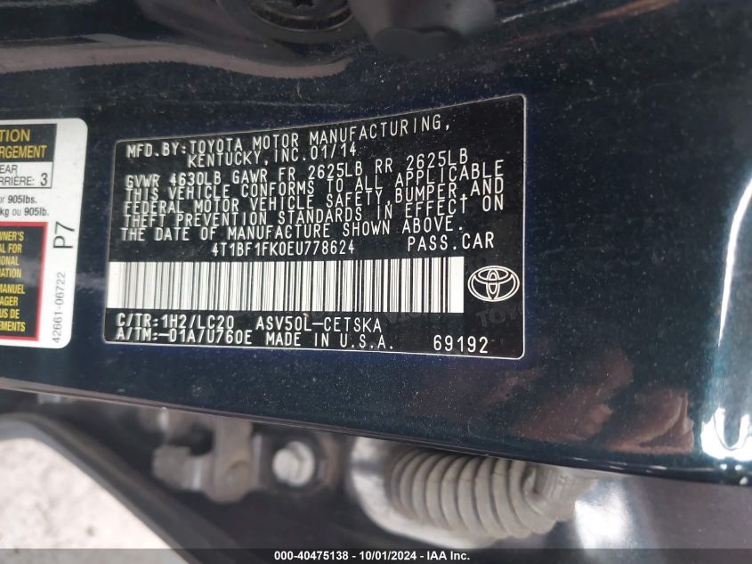 4T1BF1FK0EU778624 2014 Toyota Camry L/Se/Le/Xle