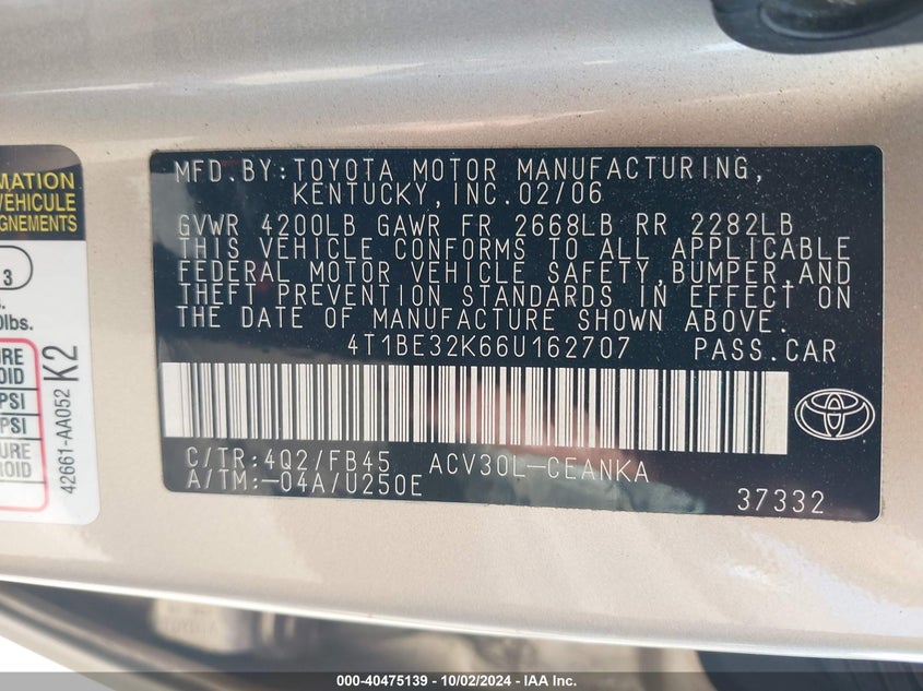 2006 TOYOTA CAMRY VIN: 4T1BE32K66U162707