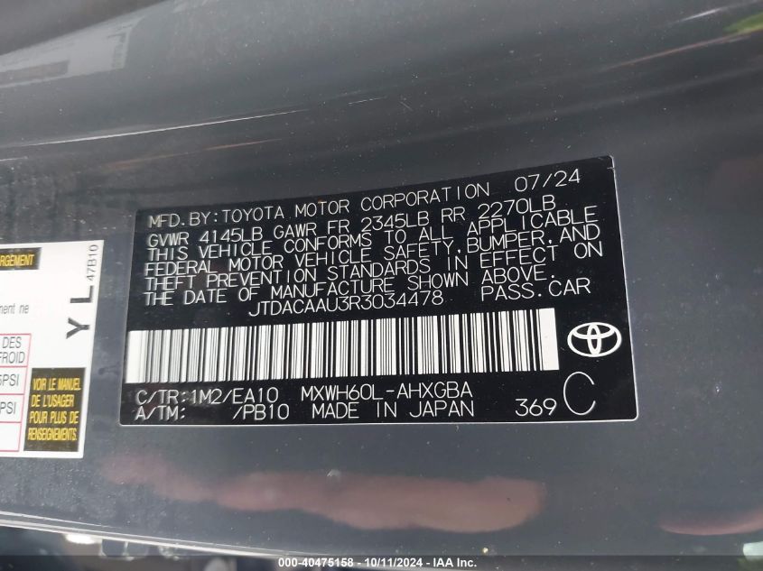 2024 Toyota Prius Xle VIN: JTDACAAU3R3034478 Lot: 40475158