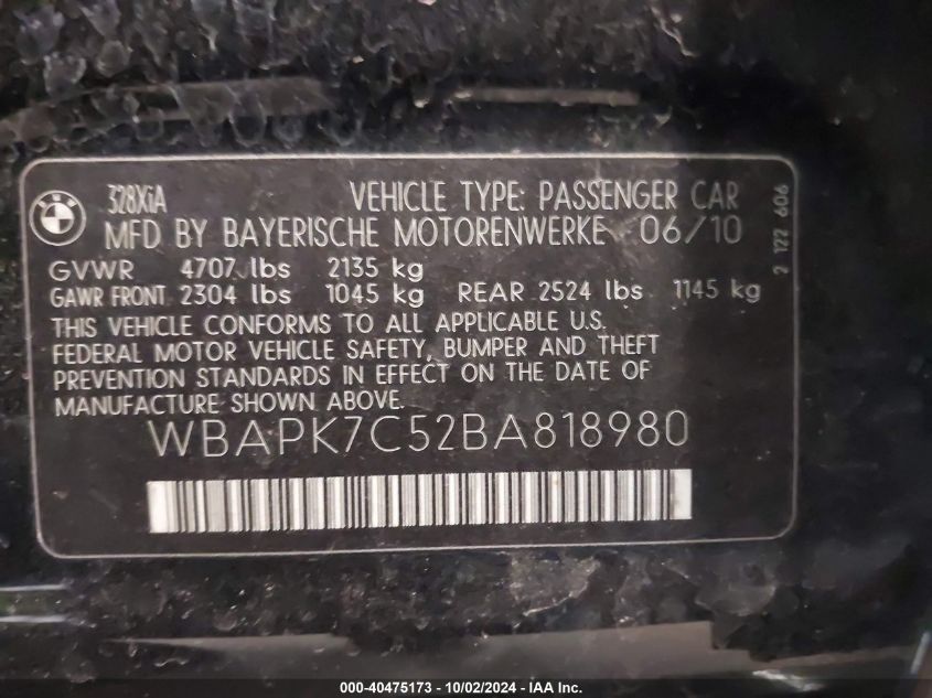 WBAPK7C52BA818980 2011 BMW 328I xDrive