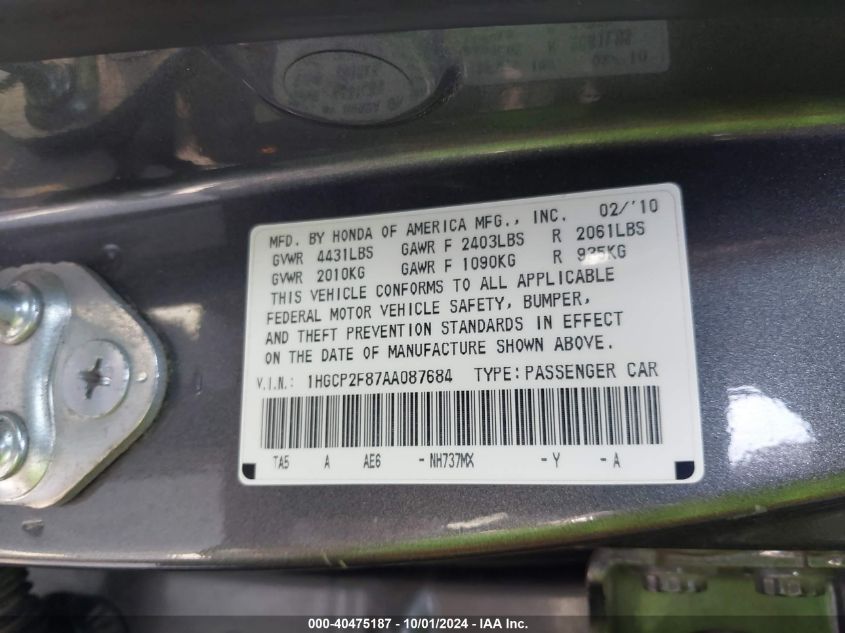 1HGCP2F87AA087684 2010 Honda Accord 2.4 Ex-L