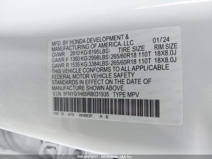 2024 Honda Pilot Trailsport VIN: 5FNYG1H65RB031935 Lot: 40475217