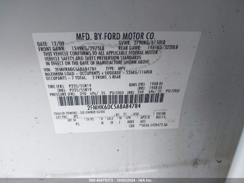 2FMHK6DC5ABA84784 2010 Ford Flex Limited