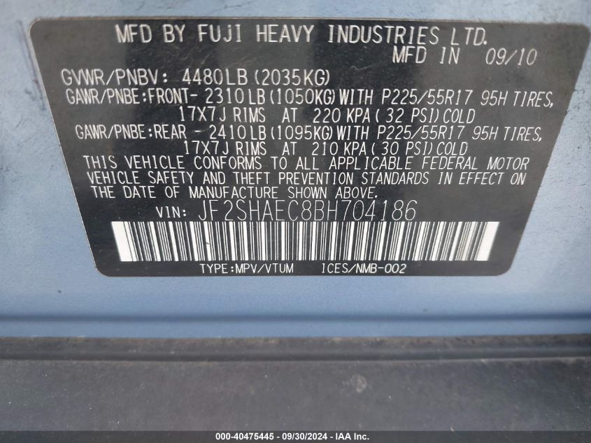 JF2SHAEC8BH704186 2011 Subaru Forester 2.5X Limited