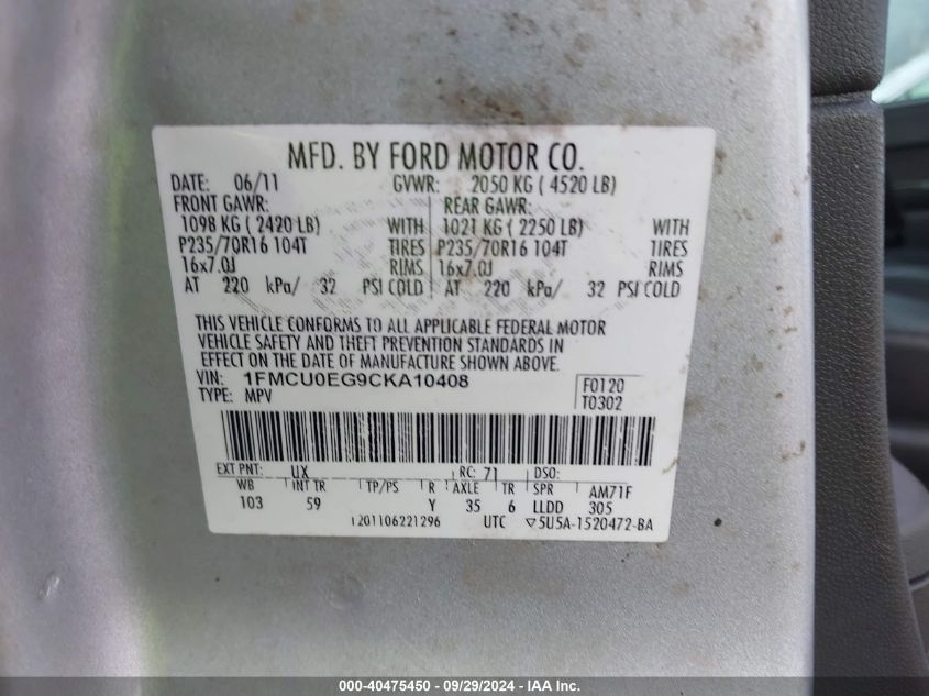 1FMCU0EG9CKA10408 2012 Ford Escape Limited