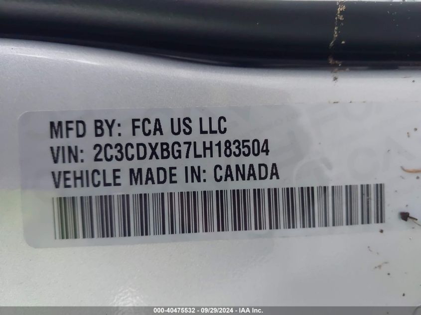 2020 Dodge Charger Sxt Rwd VIN: 2C3CDXBG7LH183504 Lot: 40475532