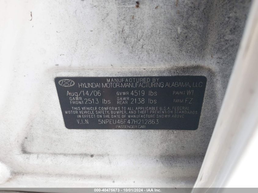 5NPEU46F47H212863 2007 Hyundai Sonata Limited/Se V6
