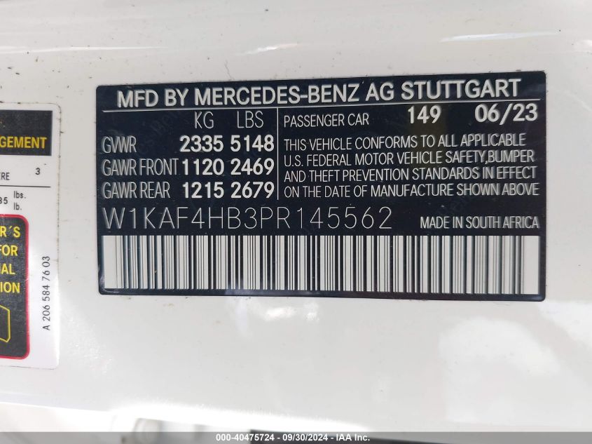 2023 Mercedes-Benz C 300 4Matic VIN: W1KAF4HB3PR145562 Lot: 40475724