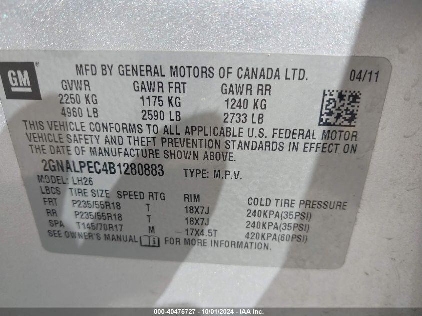 2GNALPEC4B1280883 2011 Chevrolet Equinox Lt