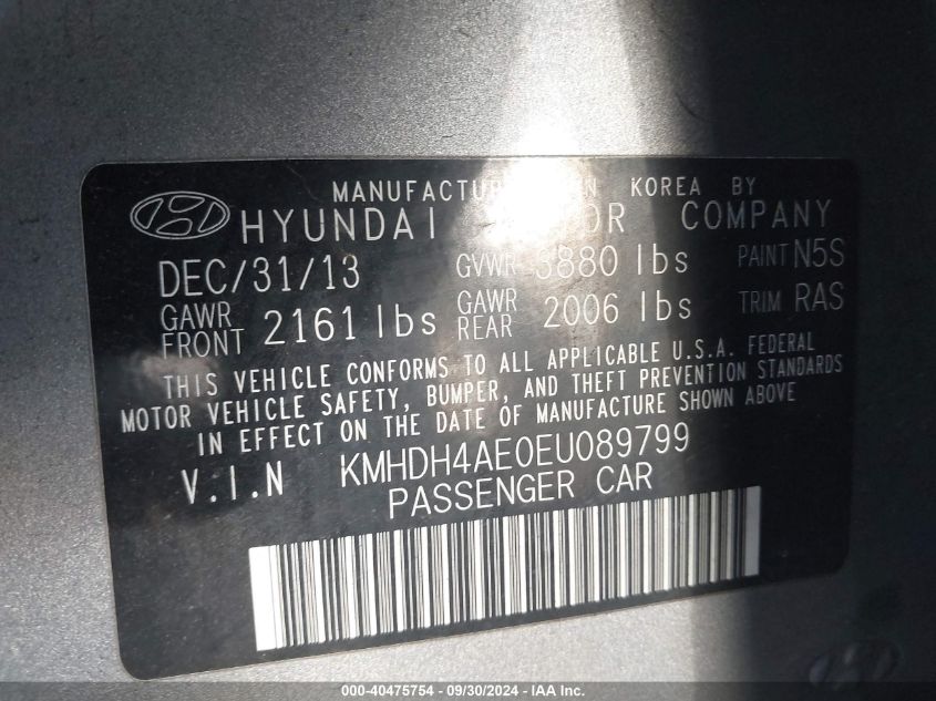 2014 Hyundai Elantra Se VIN: KMHDH4AE0EU089799 Lot: 40475754