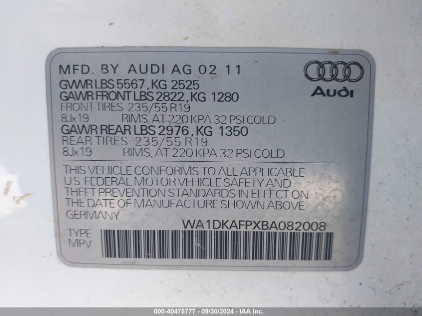 WA1DKAFPXBA082008 2011 Audi Q5 3.2 Premium Plus