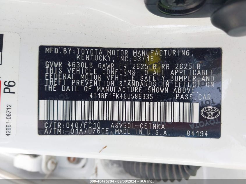 4T1BF1FK4GU586335 2016 Toyota Camry Le/Xle/Se/Xse