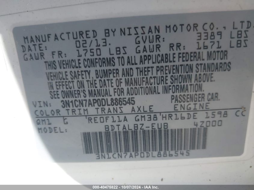 3N1CN7AP0DL886545 2013 Nissan Versa S/S Plus/Sv/Sl