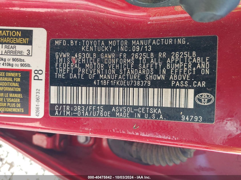 2014 TOYOTA CAMRY VIN: 4T1BF1FK0EU738379