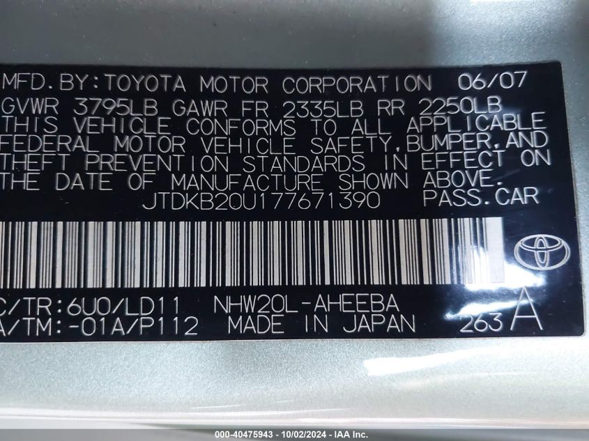 JTDKB20U177671390 2007 Toyota Prius Base (Cvt-E)