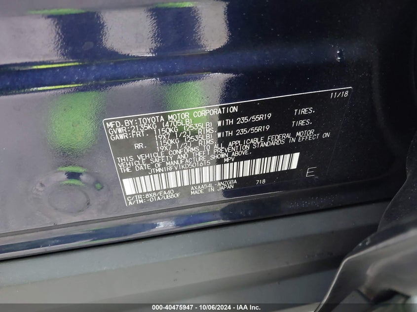 2019 TOYOTA RAV4 LIMITED VIN: JTMN1RFV1KD501615