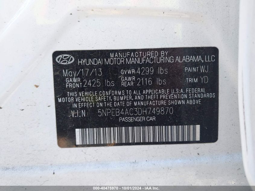 5NPEB4AC3DH749870 2013 Hyundai Sonata Gls