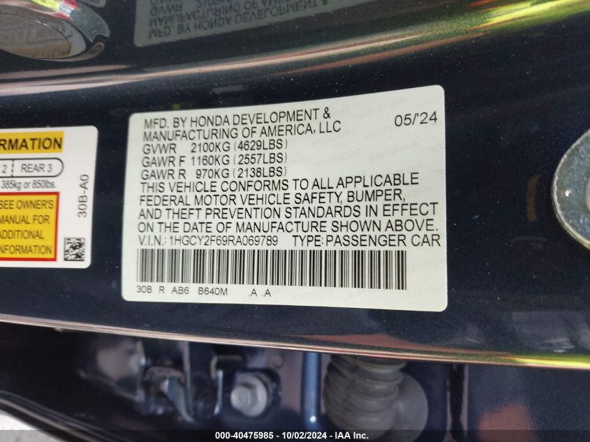 1HGCY2F69RA069789 2024 Honda Accord Hybrid Ex-L