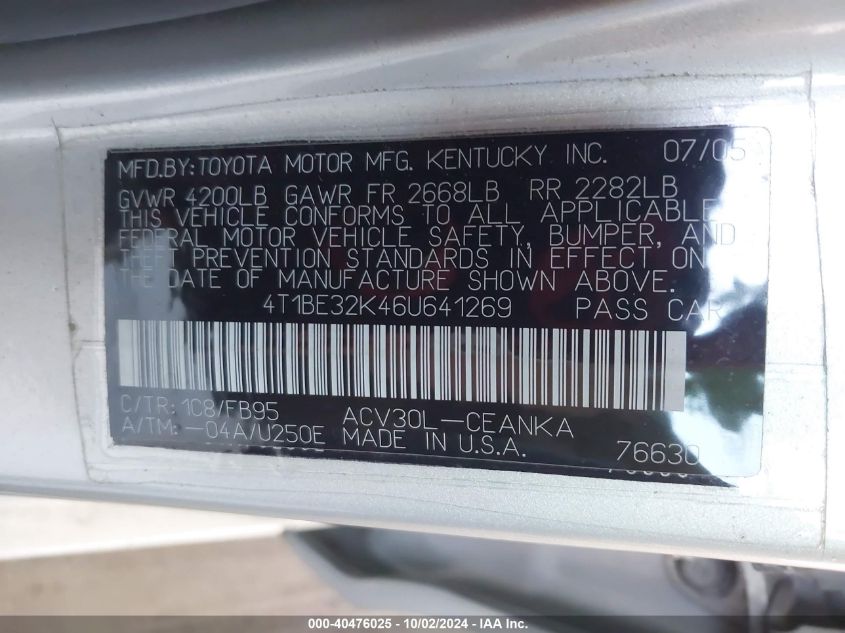 4T1BE32K46U641269 2006 Toyota Camry Le