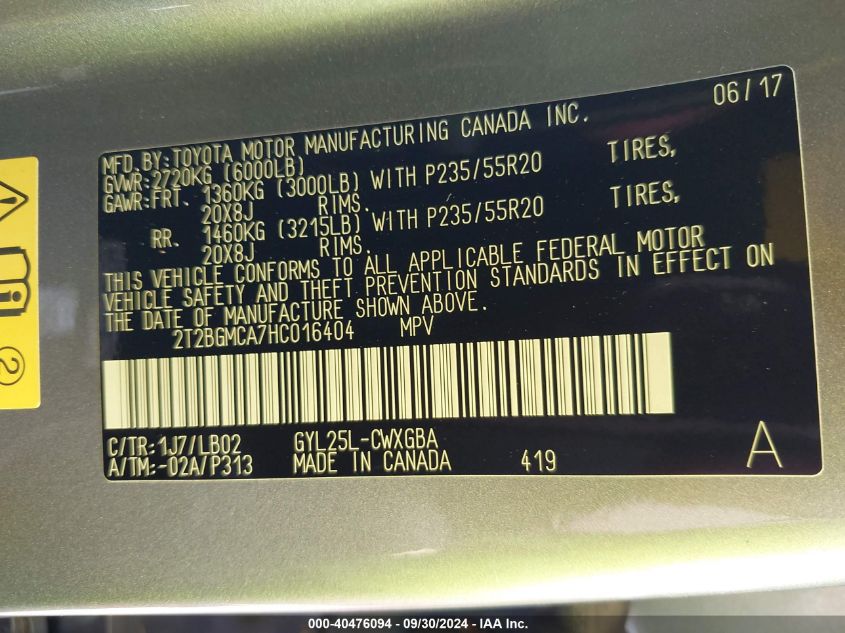 VIN 2T2BGMCA7HC016404 2017 LEXUS RX 450H