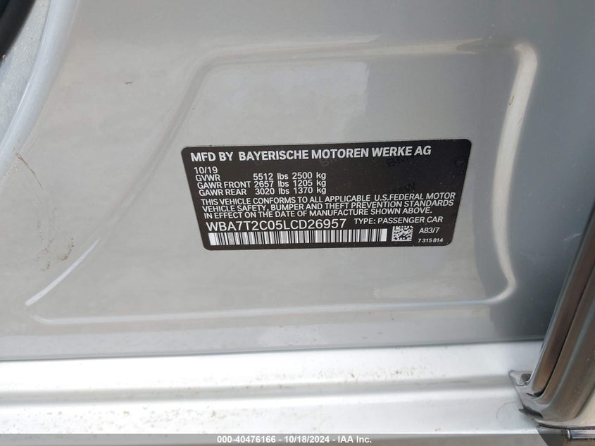 2020 BMW 740I - WBA7T2C05LCD26957