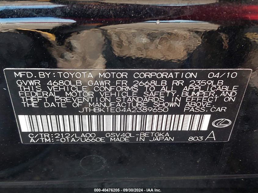 JTHBK1EG4A2389650 2010 Lexus Es 350