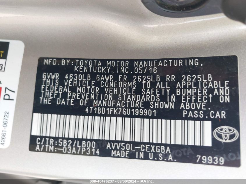 4T1BD1FK7GU199901 2016 Toyota Camry Hybrid Xle