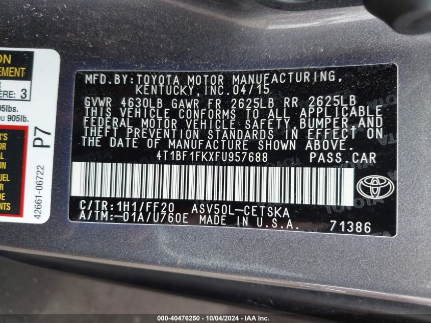 4T1BF1FKXFU957688 2015 Toyota Camry Se