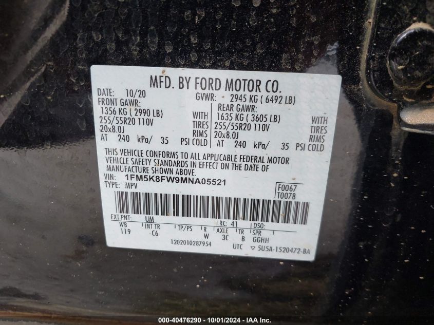 1FM5K8FW9MNA05521 2021 Ford Explorer Limited