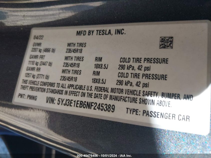 2022 Tesla Model 3 Long Range Dual Motor All-Wheel Drive VIN: 5YJ3E1EB6NF245389 Lot: 40476456