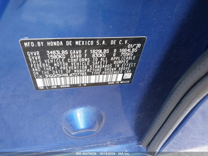 VIN 3HGGK5H48LM707783 2020 HONDA FIT LX