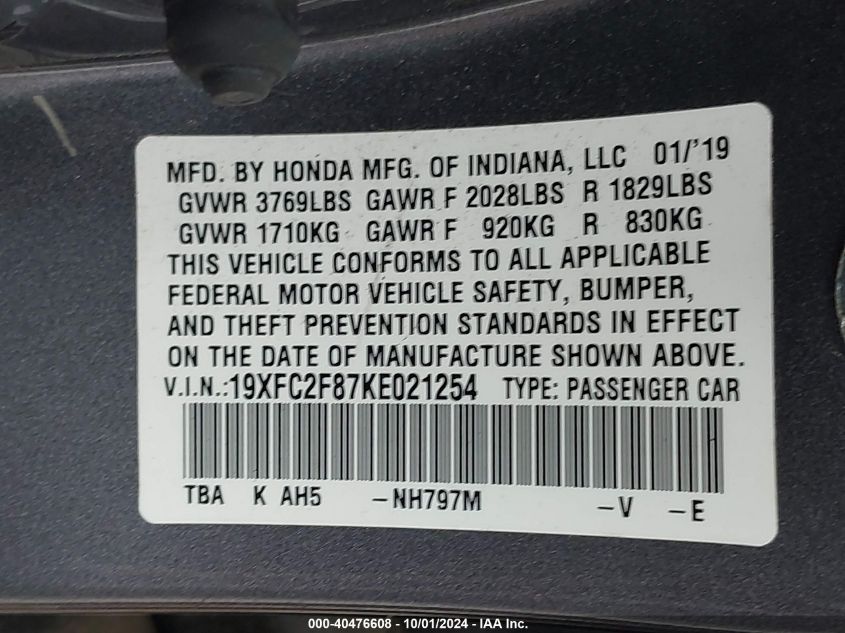 19XFC2F87KE021254 2019 Honda Civic Sport