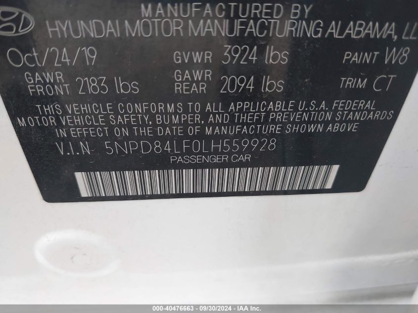 2020 Hyundai Elantra Sel VIN: 5NPD84LF0LH559928 Lot: 40476663