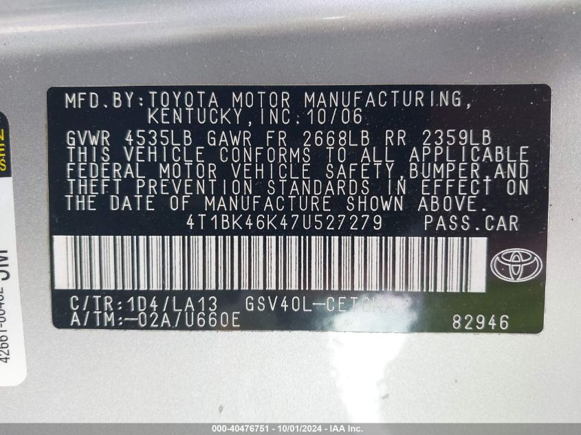 4T1BK46K47U527279 2007 Toyota Camry Xle V6