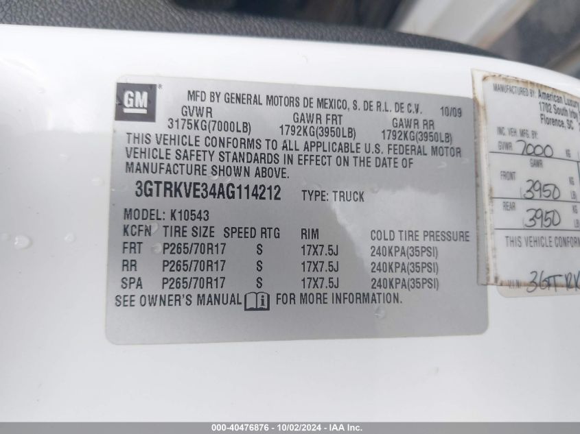 2010 GMC Sierra 1500 Sle VIN: 3GTRKVE34AG114212 Lot: 40476876