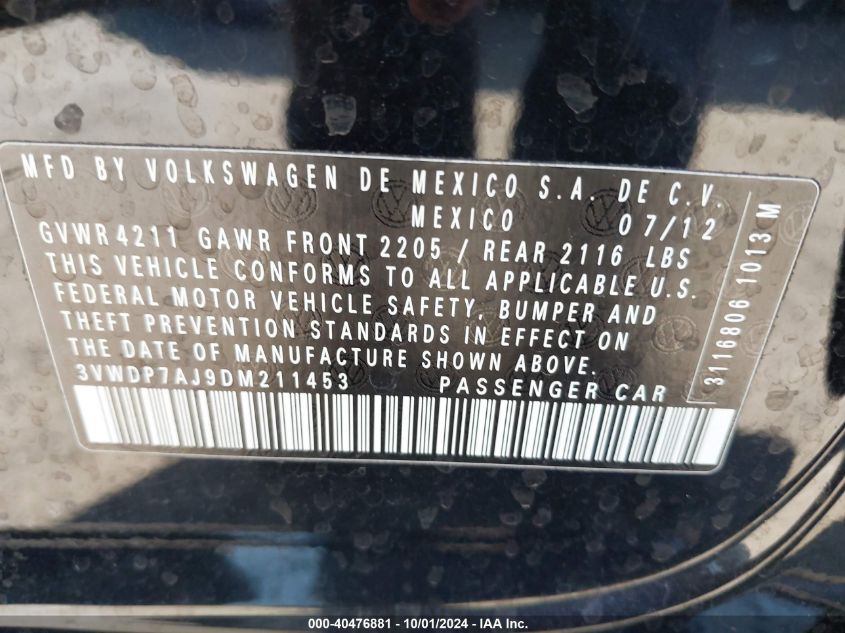 3VWDP7AJ9DM211453 2013 Volkswagen Jetta Se