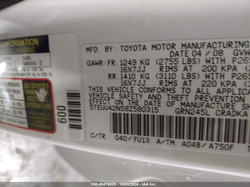 5TEUU42N58Z580315 2008 Toyota Tacoma Base V6